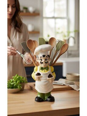 Vintage Jolly Chef Ceramic Kitchen Utensil Holder Retro Kitchen Deco